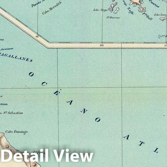 Historic Map : Argentina, Falkland Islands 1888 Gobernacion de la Tierra del Fuego, Islas Malvinas. , Vintage Wall Art