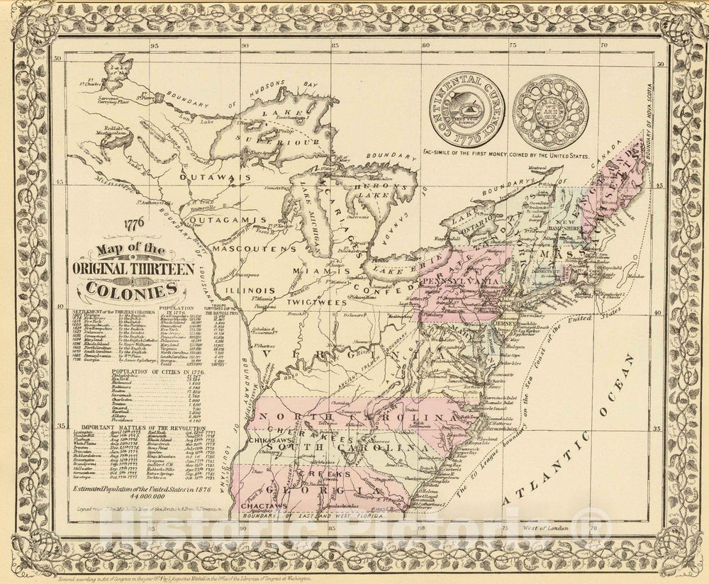 Historic Map : 1880 13 colonies 1776. - Vintage Wall Art