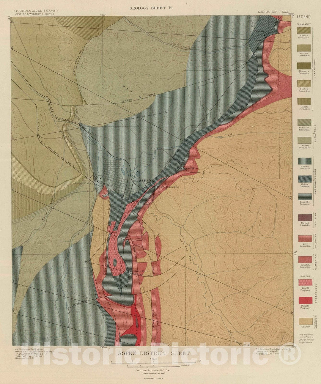 Historic Map - 1898 Aspen District Sheet, Geologic Atlas - Vintage Wall Art