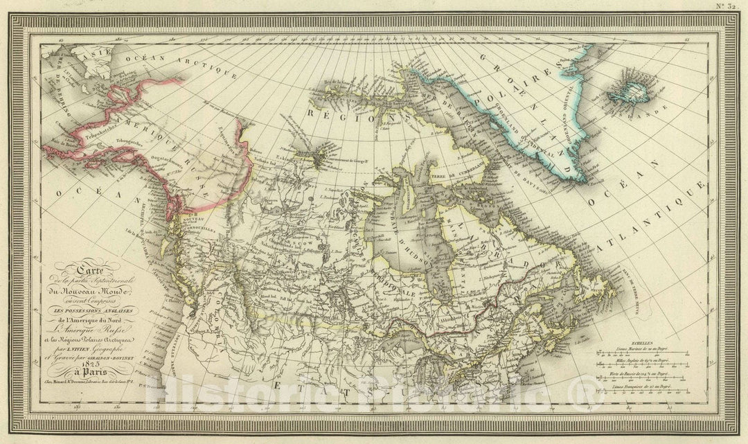 Historic Map : Canada; Iceland, Alaska, 1825 Carte de la partie Septentrionale de Nouveau Monde. , Vintage Wall Art