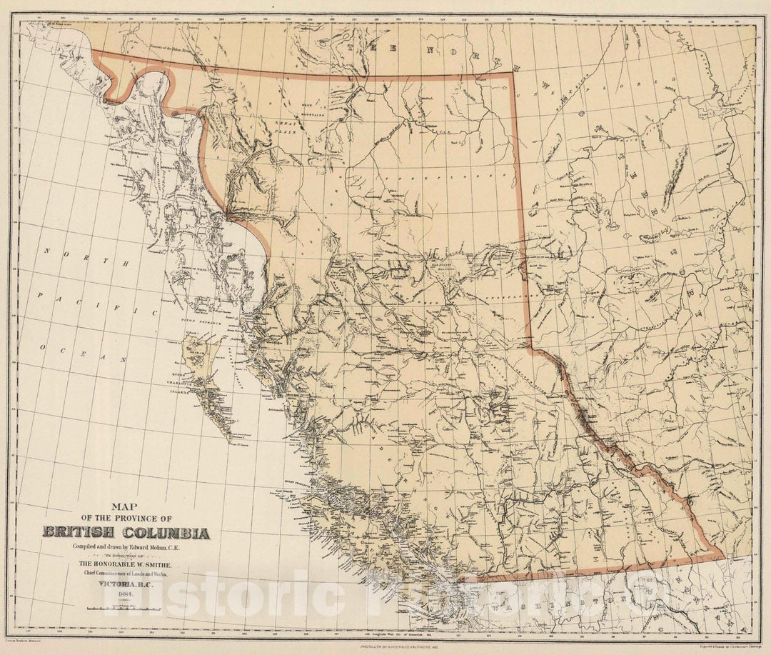 Historic Map : 1884 Map of the Province of British Columbia. - Vintage Wall Art