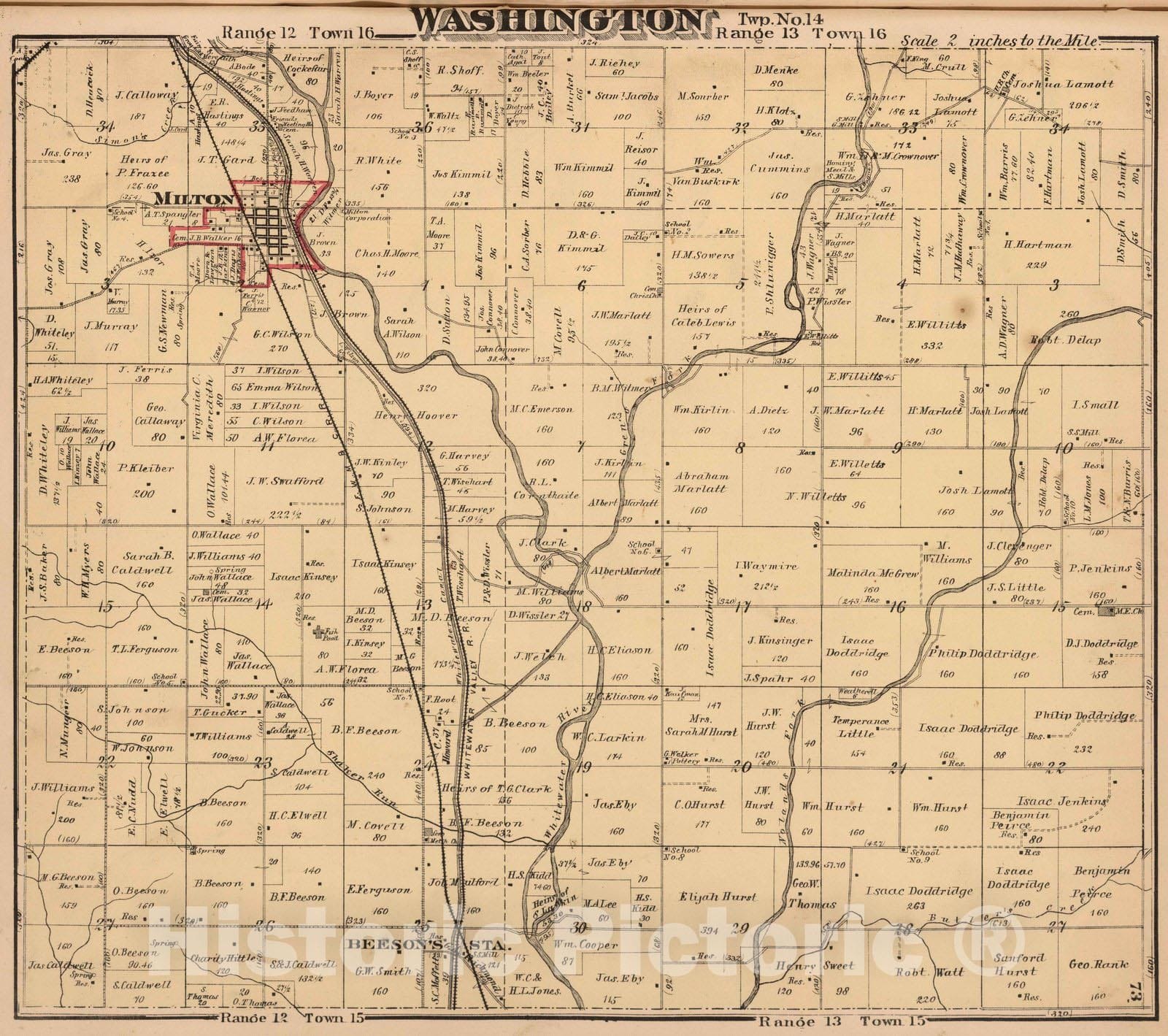 Historic Map : 1874 Washington Township, Wayne County, Indiana. - Vintage Wall Art