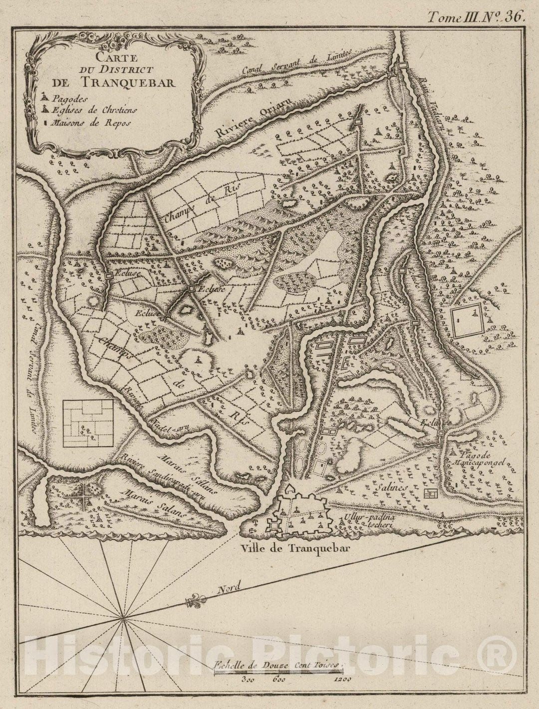 Historic Map : India, , Asia 1764 Carte du district de Tranquebar , Vintage Wall Art