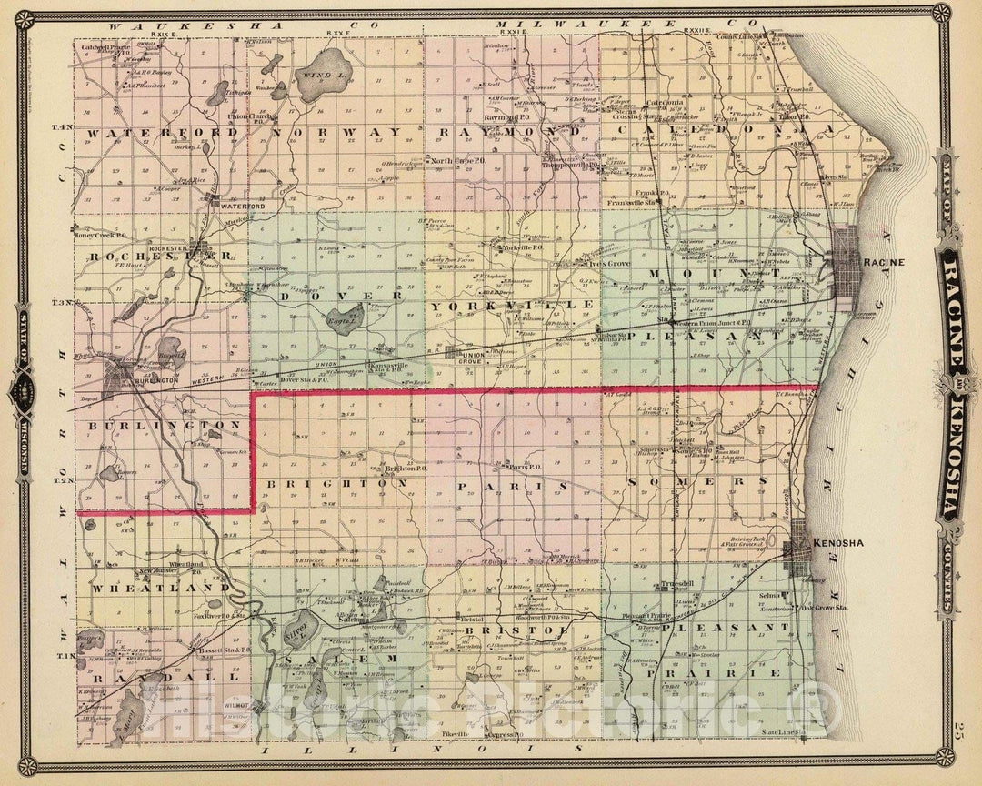 Historic Map : 1878 Map of Racine and Kenosha counties, State of Wisconsin. - Vintage Wall Art