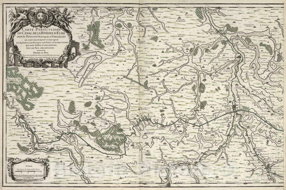 Historic Map : Aqueduct of Maintenon, France 1695 Canal de la Riviere d'Eure depuis Pontgouin, jusques a Versailes (western sheet). , Vintage Wall Art