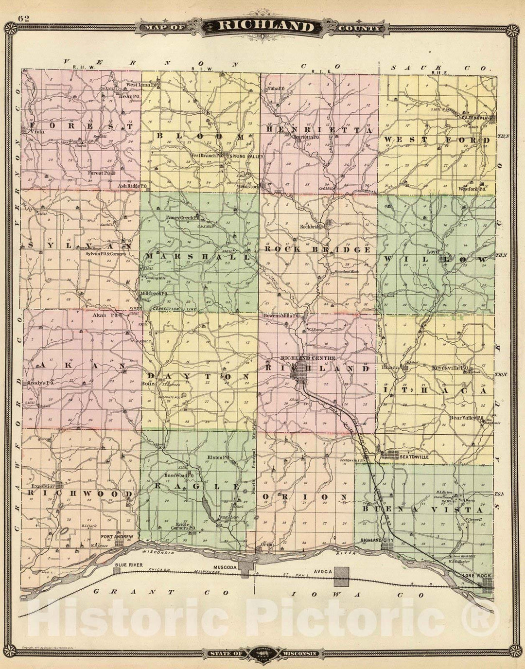 Historic Map : 1878 Map of Richland County, State of Wisconsin. - Vintage Wall Art