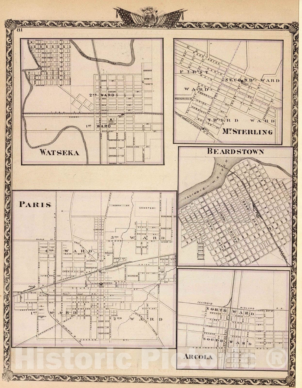 Historic Map : 1876 Watseka, Paris, Mt. Sterling, Beardstown and Arcola. - Vintage Wall Art