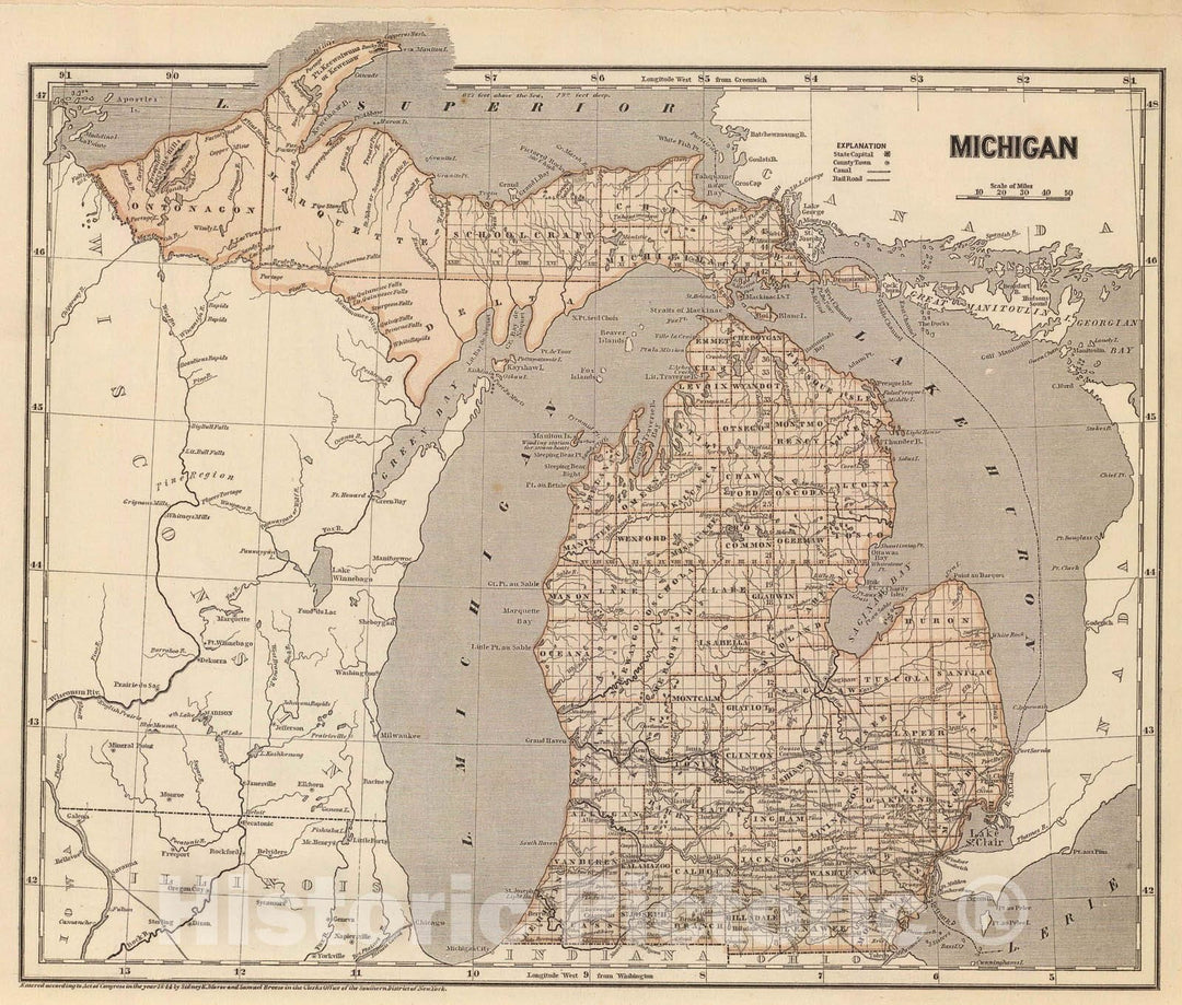 Historic Map : National Atlas - 1845 Michigan. - Vintage Wall Art