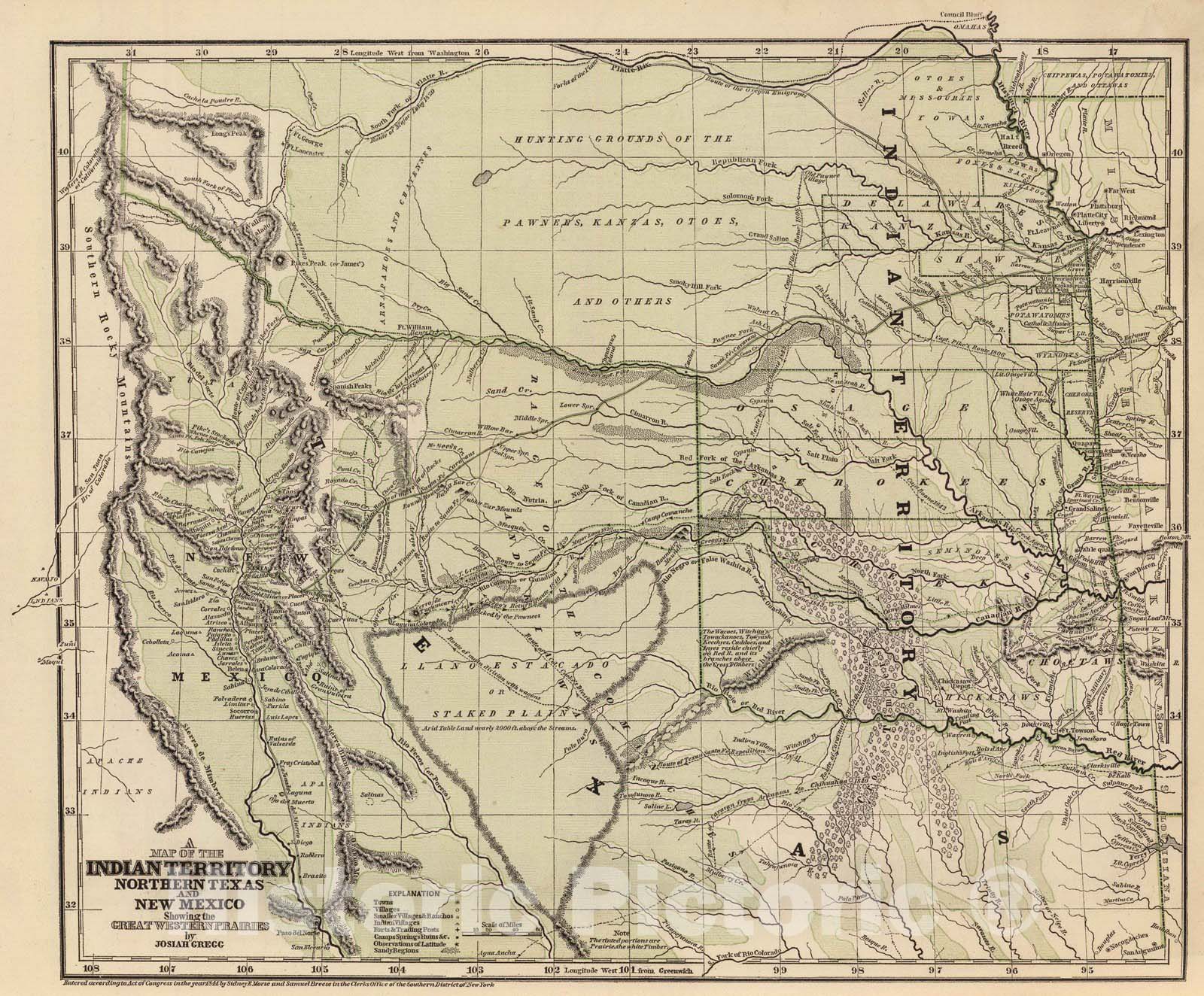 Historic Map : National Atlas - 1845 Indian Terr, N. Texas, N.M. - Vintage Wall Art