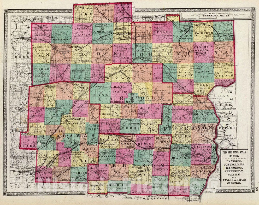 Historic Wall Map : 1872 Carroll, Columbiana, Harrison, Jefferson, Stark and Tuscarawas counties. - Vintage Wall Art