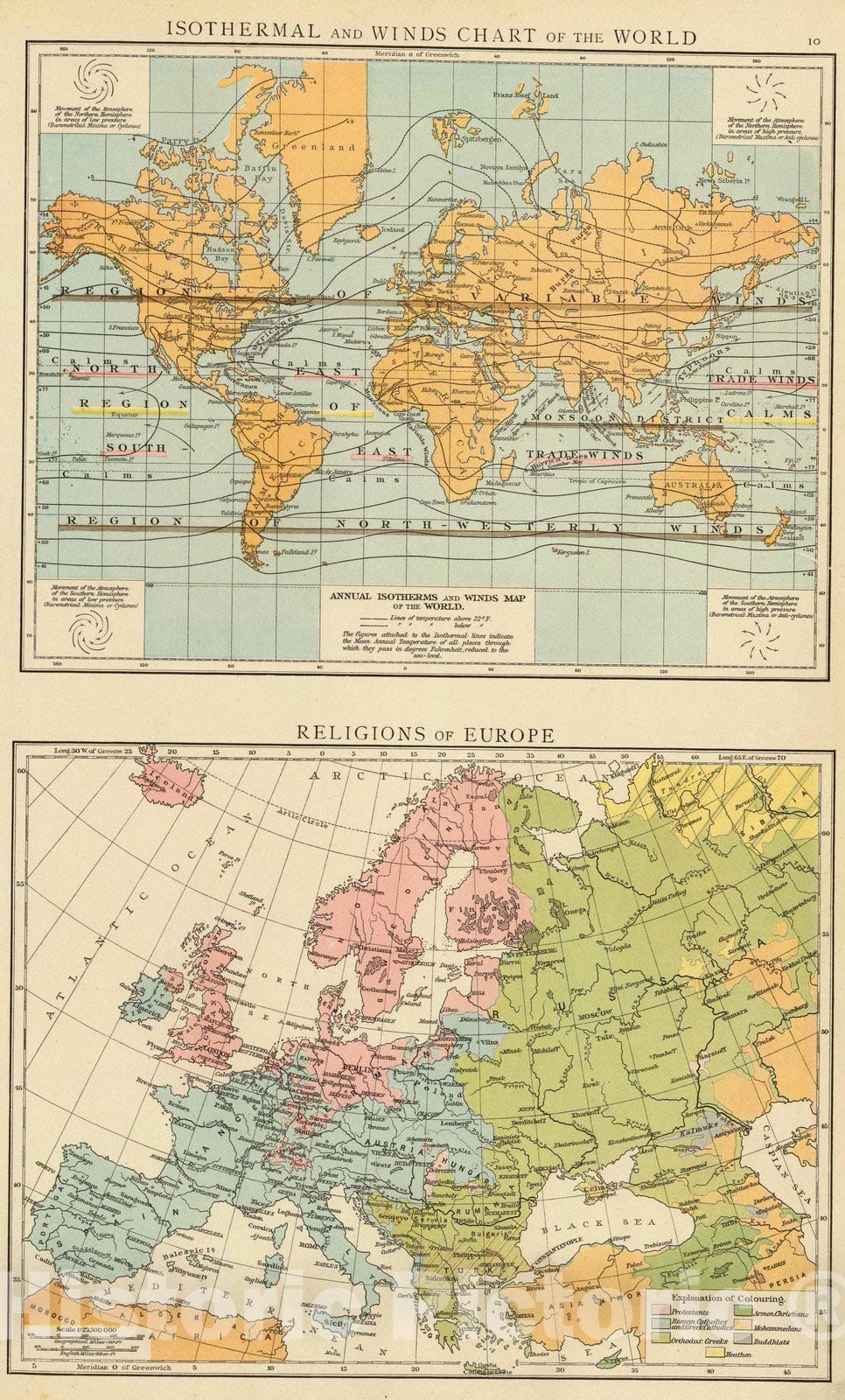 Historic Map : 1895 Isothermal, winds; Religions Europe. - Vintage Wall Art