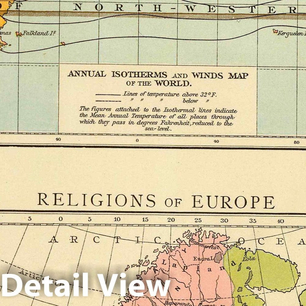 Historic Map : 1895 Isothermal, winds; Religions Europe. - Vintage Wall Art