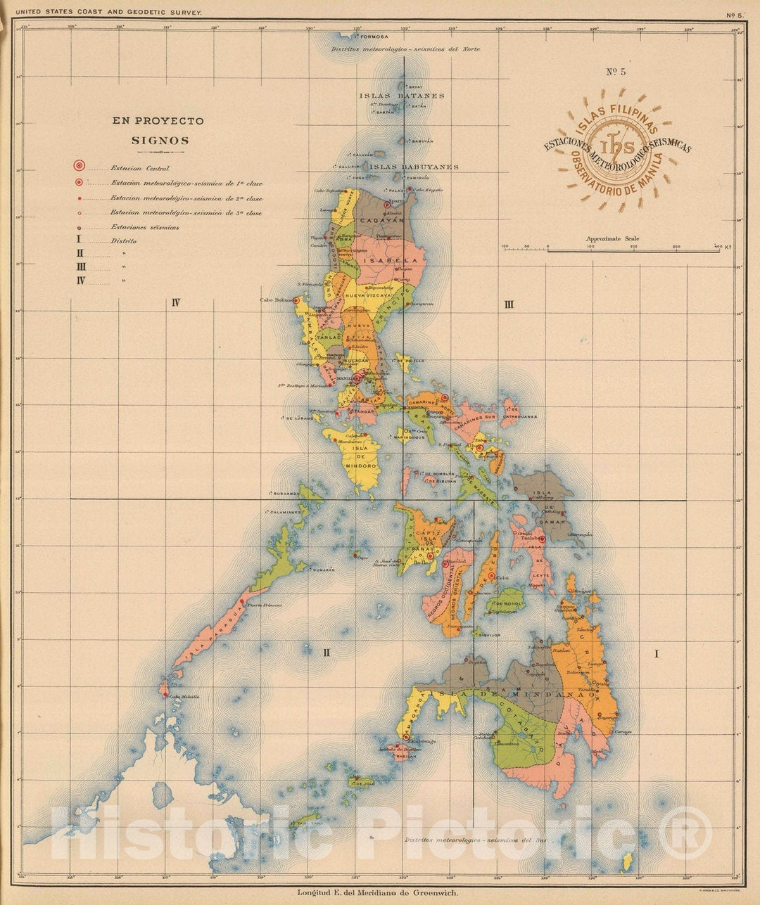 Historic Map : Philippines, 1899 No. 5. Estaciones Meteorologico-Seismicas. , Vintage Wall Art