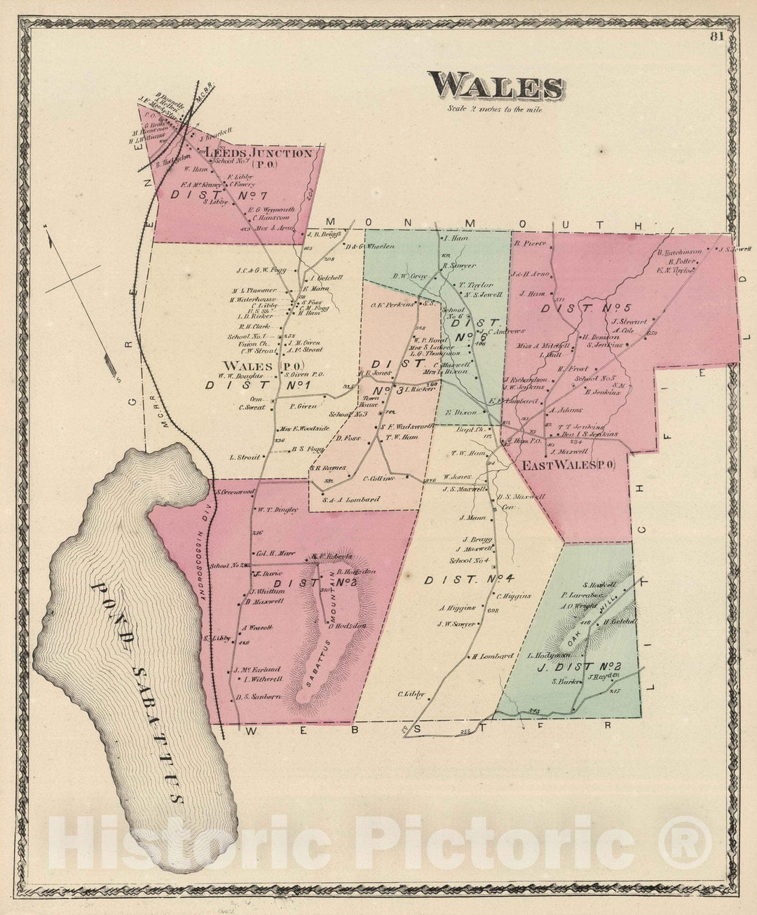 Historic Map : 1873 Wales, Androscoggin County, Maine. - Vintage Wall Art