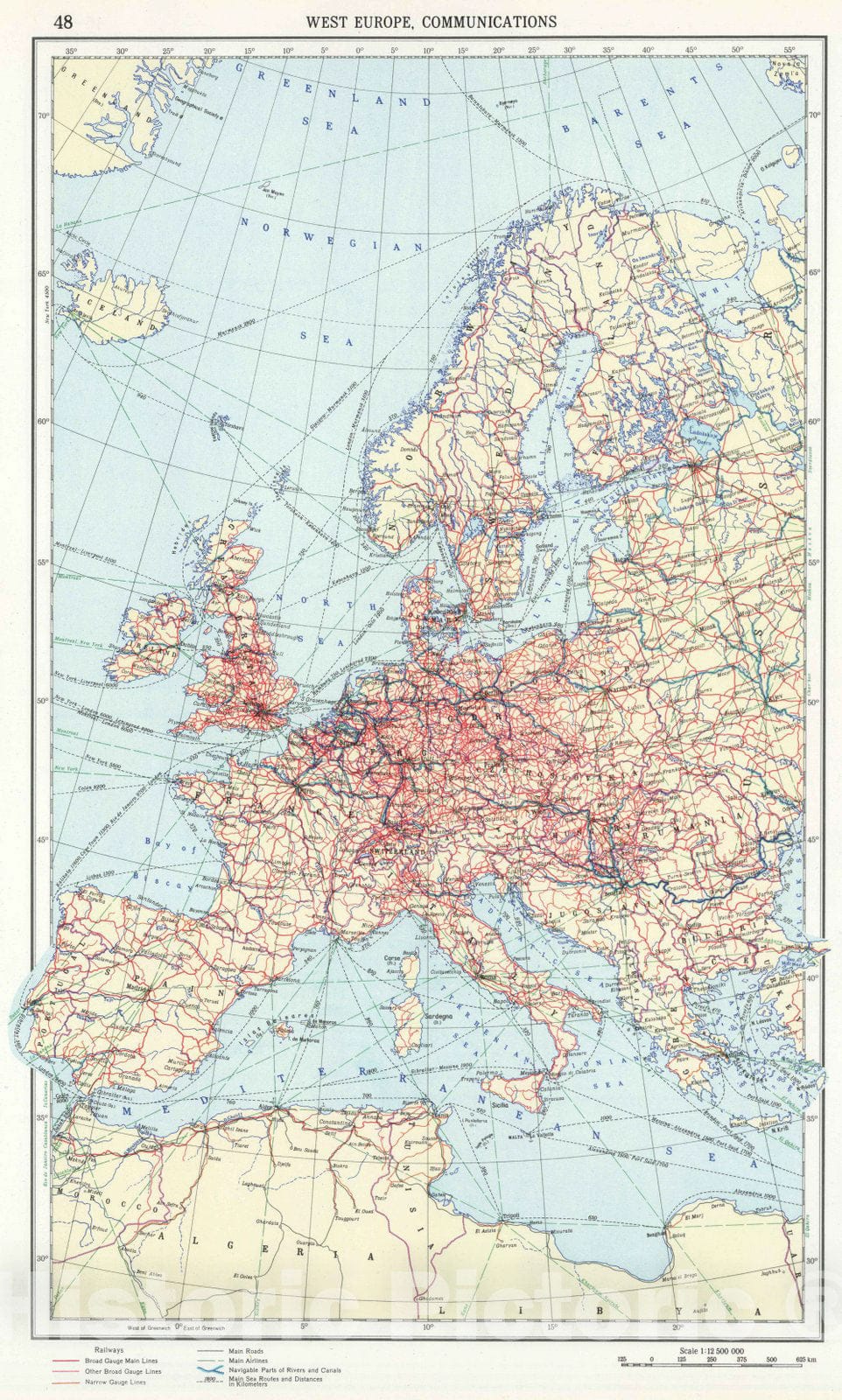 Historic Map : 1967 48. West Europe, Communications. The World Atlas. - Vintage Wall Art