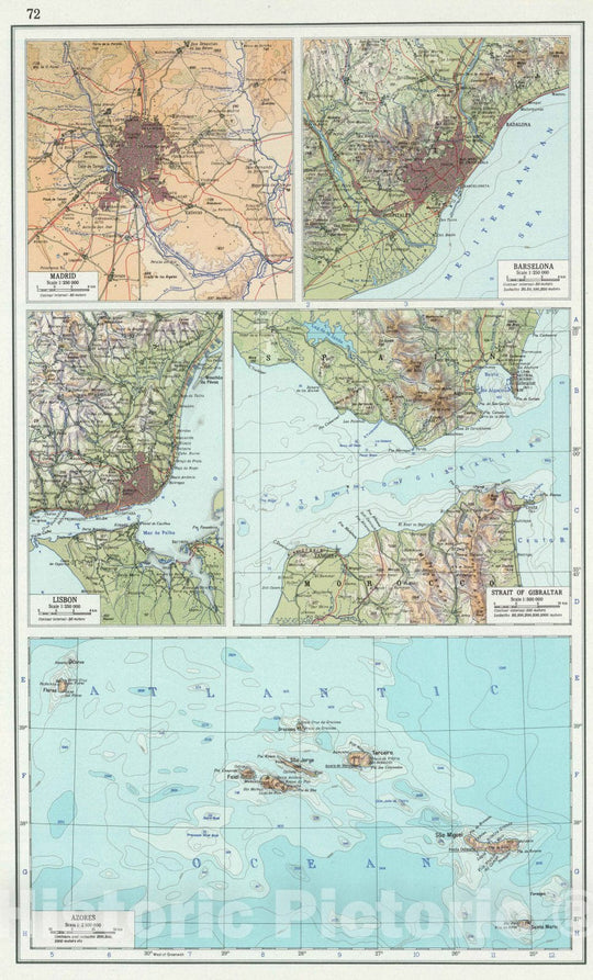 Historic Map : 1967 72. Madrid, Barselona (Barcelona), Lisbon, Strait of Gibraltar, Azores. The World Atlas. - Vintage Wall Art