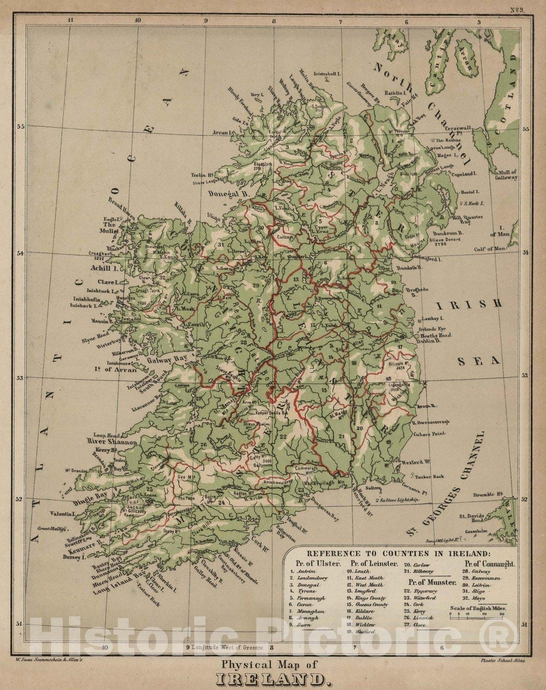 Historic Map : 1880 Physical Map of Ireland. v2 - Vintage Wall Art