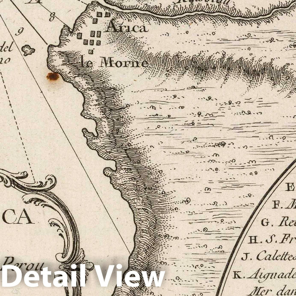 Historic Map : Chile; Peru , Arica (Chile), 1764 Rade d'Arica et environs situee a la coste du Perou. Inset: Ville d'Arica. , Vintage Wall Art