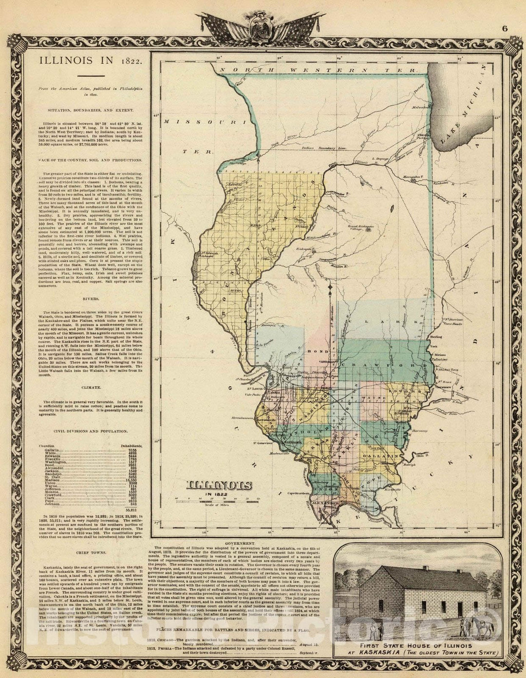 Historic Map : 1876 Illinois in 1822 (with view:) First State House at Kaskaskia. - Vintage Wall Art