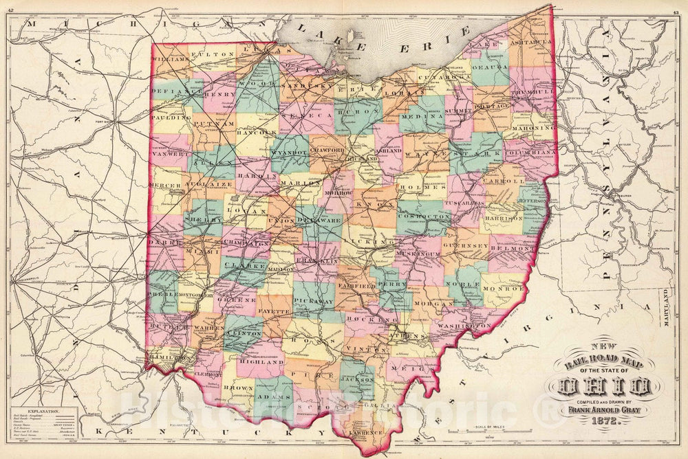 Historic Map - 1872 New rail road map of the State of Ohio. - Vintage Wall Art