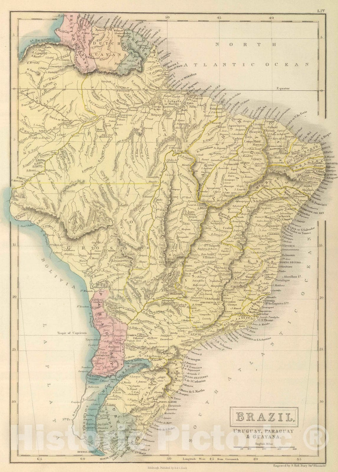 Historic Map : Brazil; Paraguay, 1854 Brazil, Uruguay, Paraguay & Guayana. , Vintage Wall Art