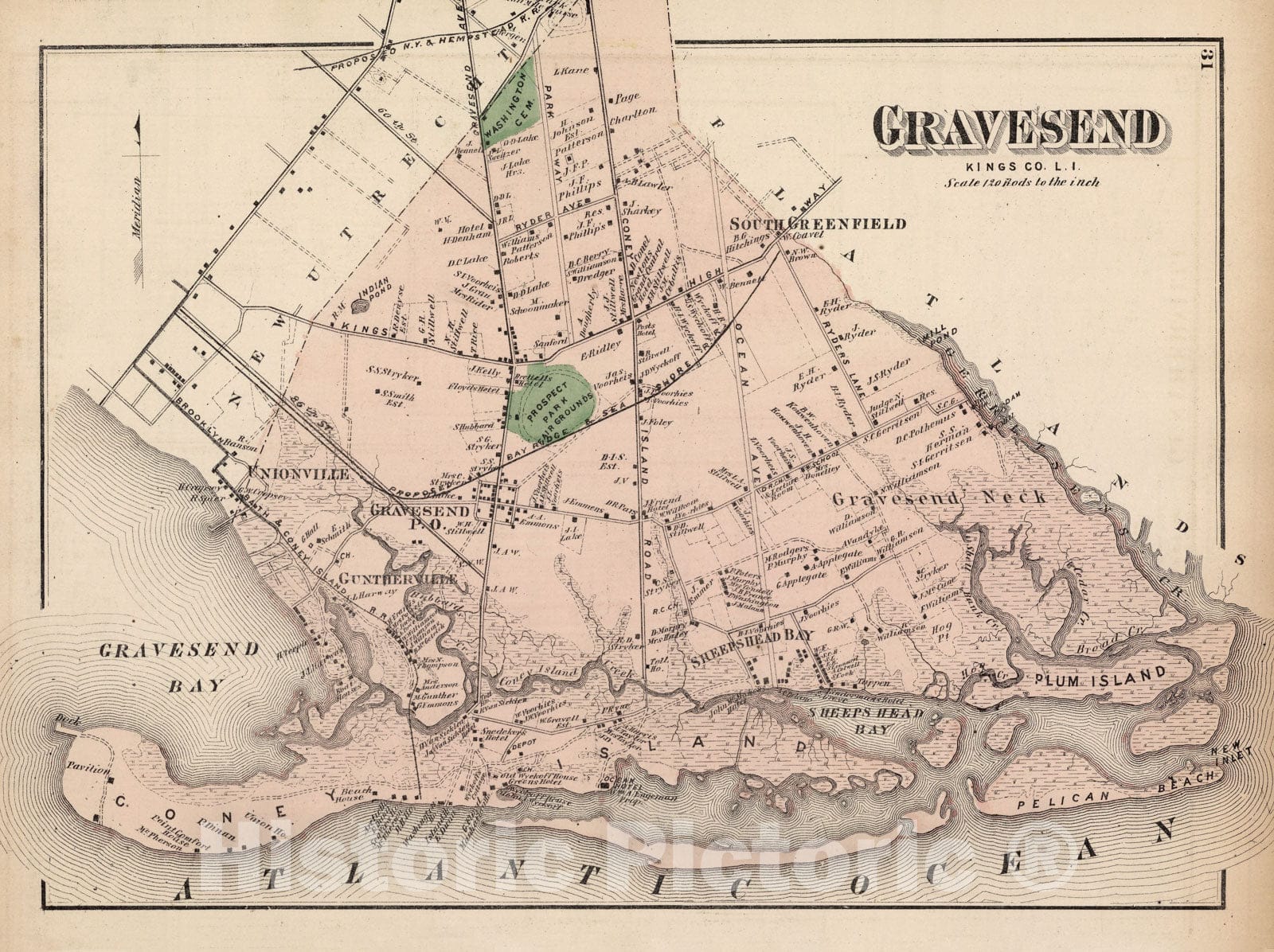 Historic Map : 1873 Gravesend, Kings Co. Long Island. - Vintage Wall Art