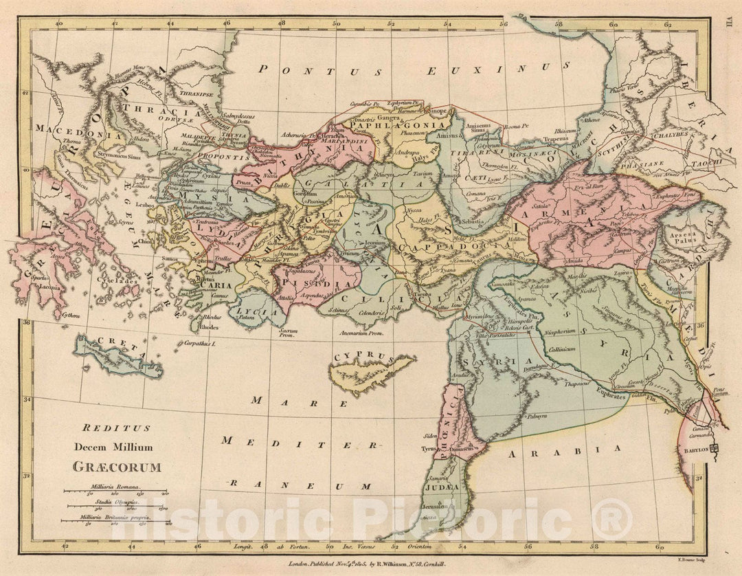 Historic Map : Turkey; Syria, Asia Minor 1815 Reditus Decem Millium Graecorum. , Vintage Wall Art