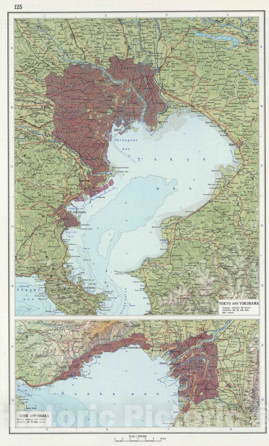 Historic Map : 1967 125. Tokyo and Yokohama. Kobe and Osaka. The World Atlas. - Vintage Wall Art