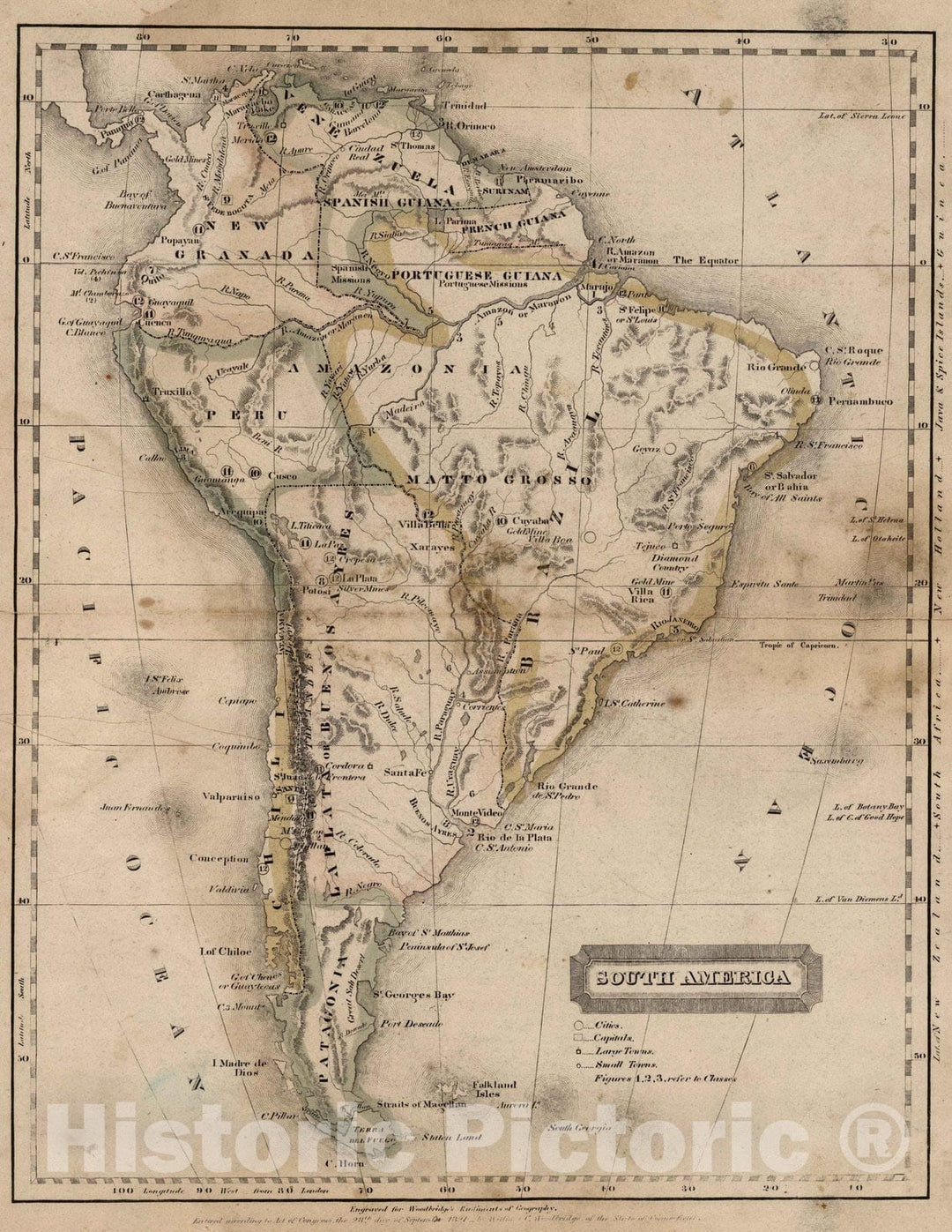 Historic Map : School Atlas - 1821 South America - Vintage Wall Art