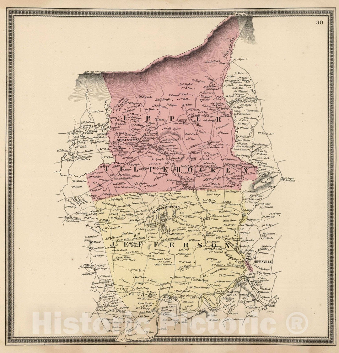 Historic Wall Map : 1862 Upper Tulpehocken and Jefferson Townships, Becks County, Pennsylvania. - Vintage Wall Art