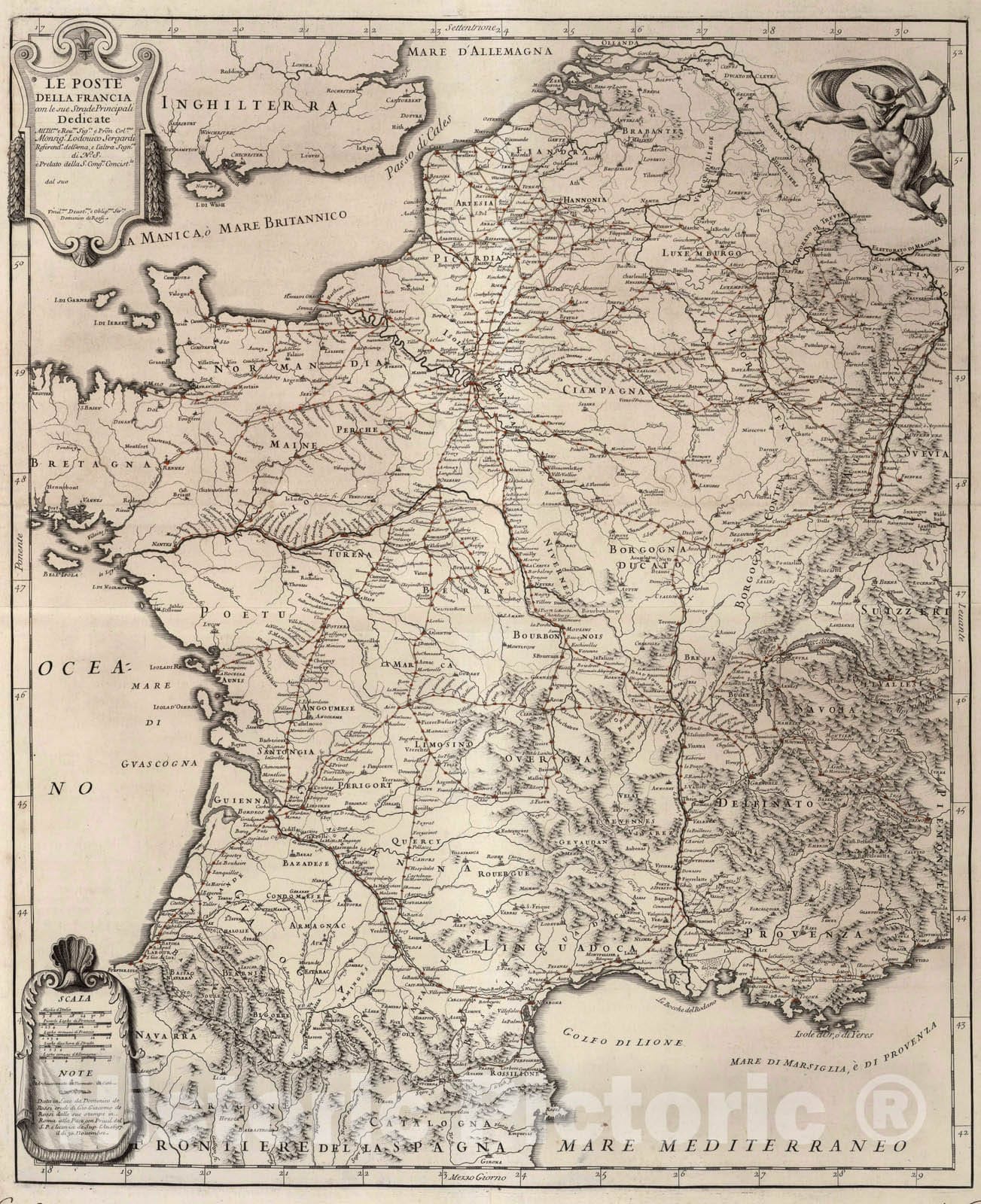 Historic Map : France, , Europe 1697 Le Poste della Francia , Vintage Wall Art