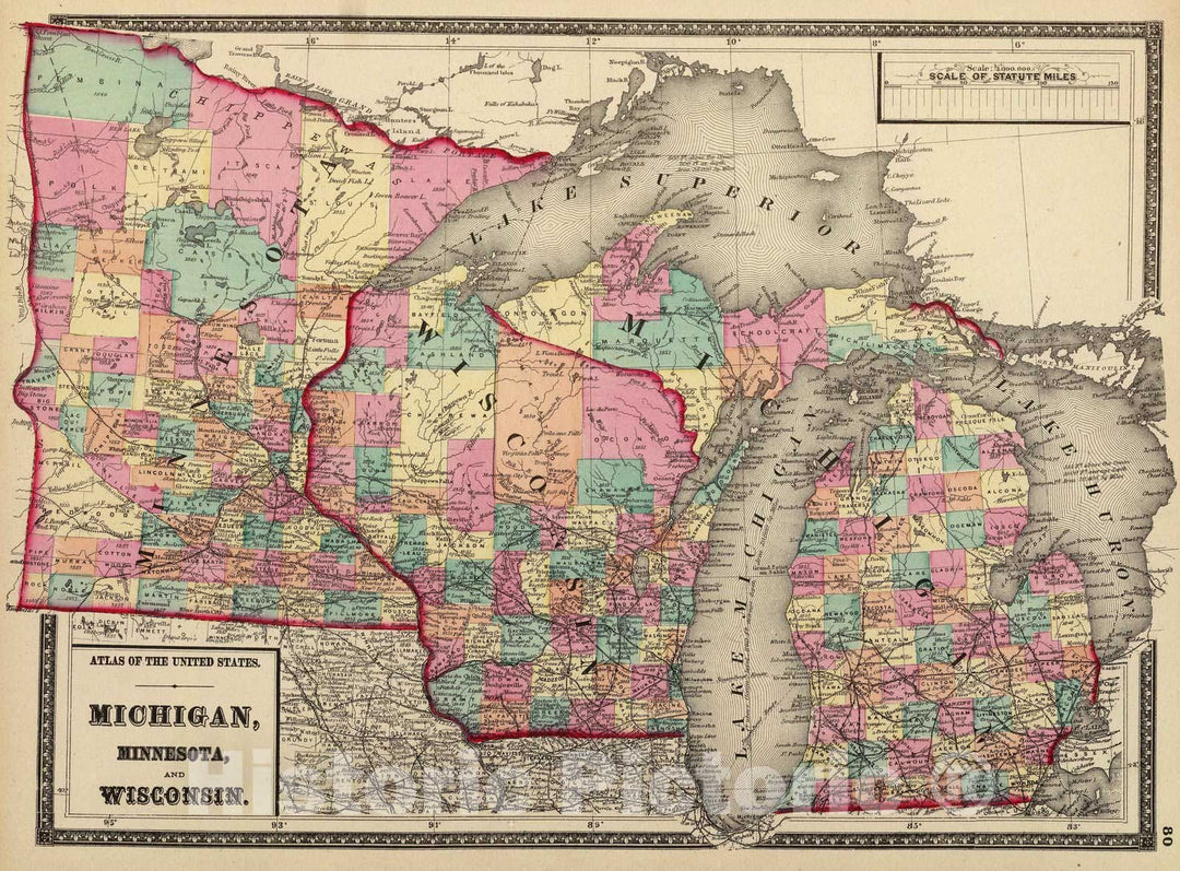 Historic Map : 1872 Michigan, Minnesota, and Wisconsin. - Vintage Wall Art