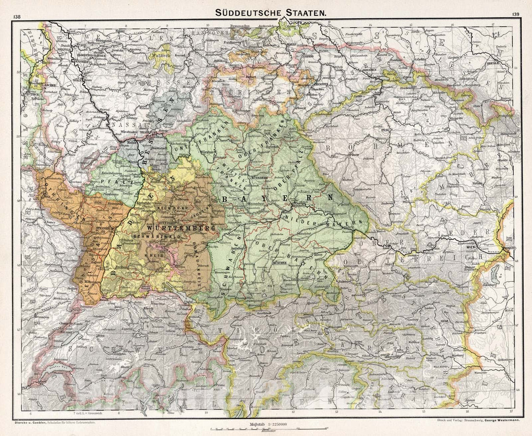 Historic Map : Germany, 1896 Suddeutsche Staaten , Vintage Wall Art