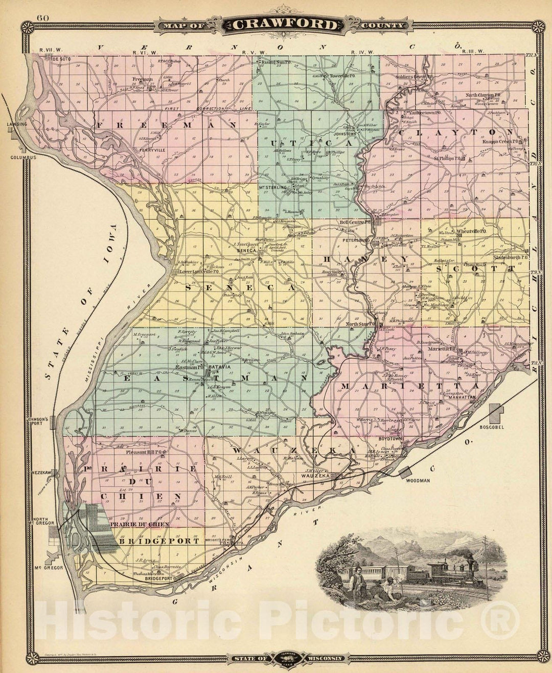 Historic Map : 1878 Map of Crawford County, State of Wisconsin. - Vintage Wall Art