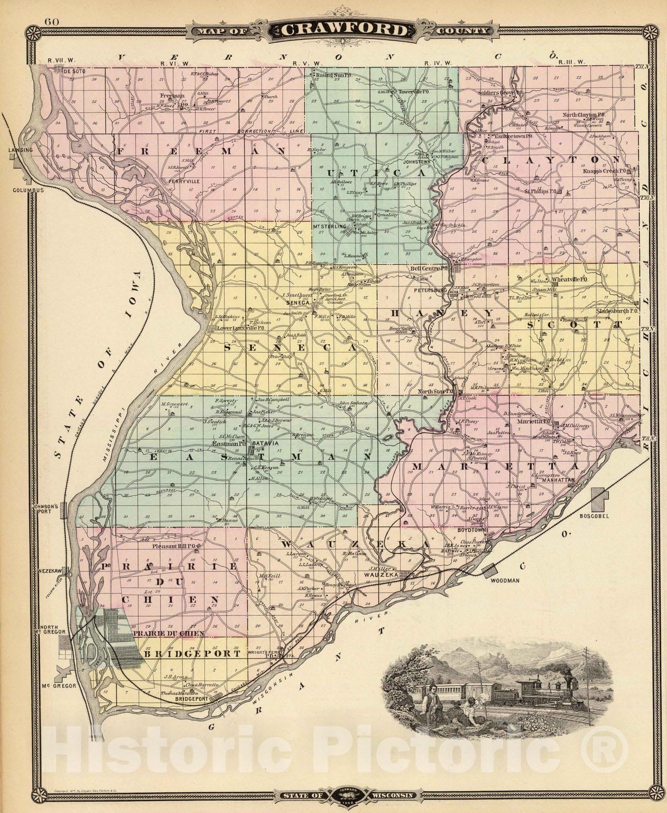 Historic Map : 1878 Map of Crawford County, State of Wisconsin. - Vintage Wall Art