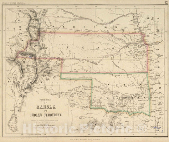 Historic Map : National Atlas - 1857 Territory of Kansas And Indian Territory. - Vintage Wall Art