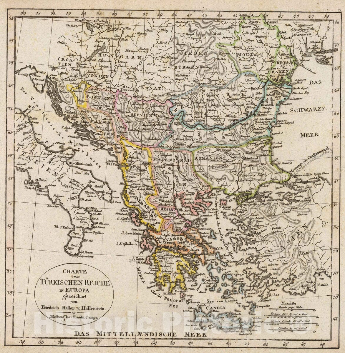 Historic Map : Greece; Turkey, Balkan Peninsula 1822 Turkischen Reiche in Europa. , Vintage Wall Art