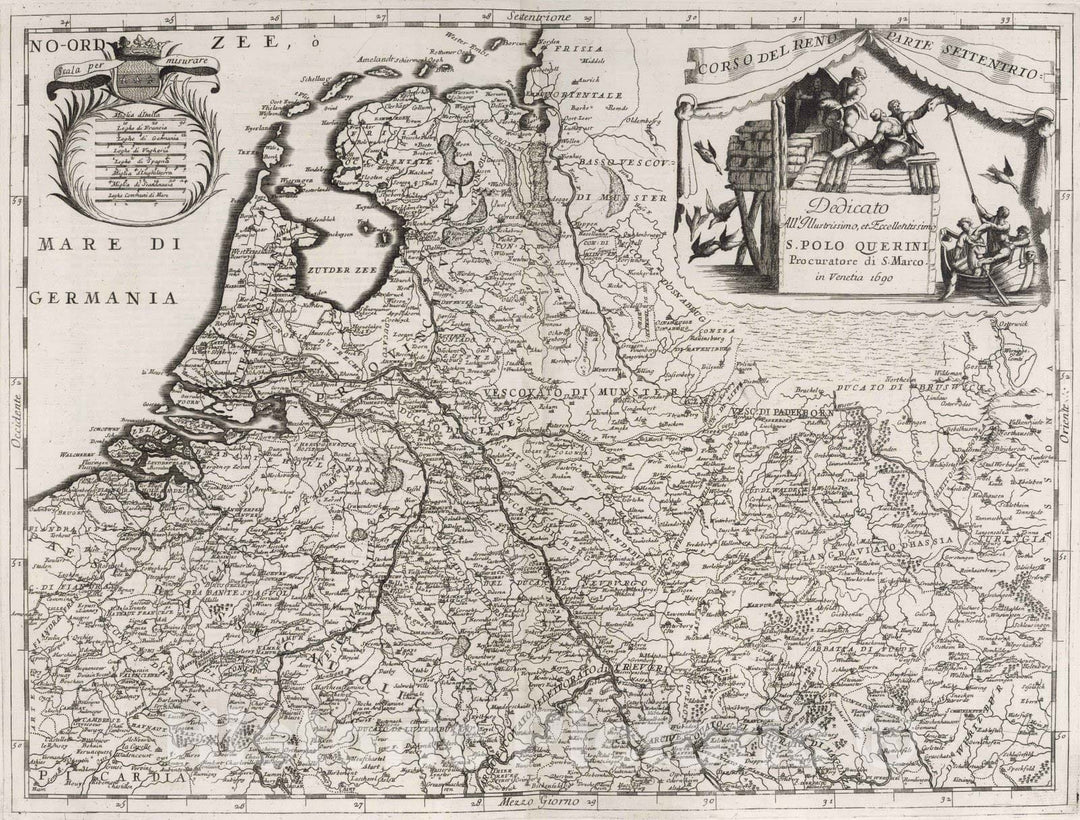 Historic Map : Netherlalnds, 1690 Corso del Reno Parte Settentrio. , Vintage Wall Art