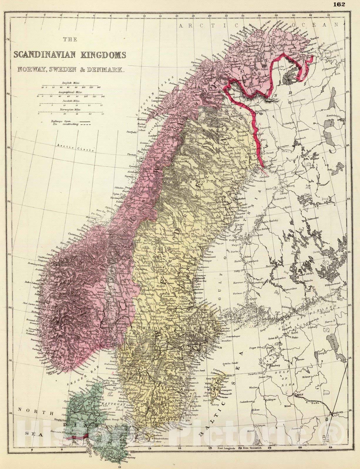 Historic Map : 1876 The Scandinavian kingdoms Norway, Sweden & Denmark. - Vintage Wall Art