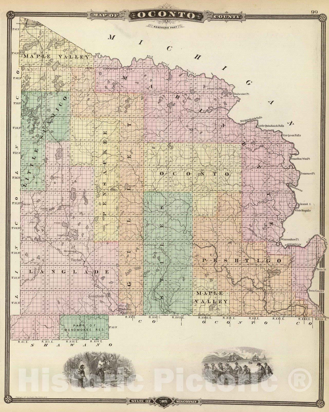 Historic Map : 1878 Map of Oconto County (northern part), State of Wisconsin. - Vintage Wall Art