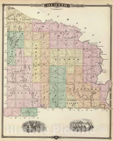 Historic Map : 1878 Map of Oconto County (northern part), State of Wisconsin. - Vintage Wall Art