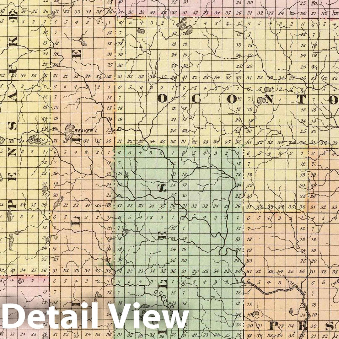 Historic Map : 1878 Map of Oconto County (northern part), State of Wisconsin. - Vintage Wall Art