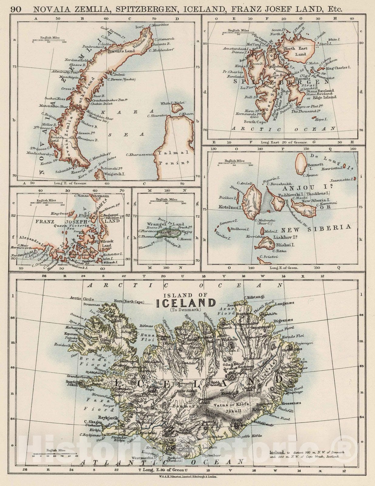 Historic Map : 1906 Island of Iceland. Franz Joseph Island. Anjou I or New Siberia. Spitzbergen. Novaia; Kara Sea. Wrangel Land. - Vintage Wall Art