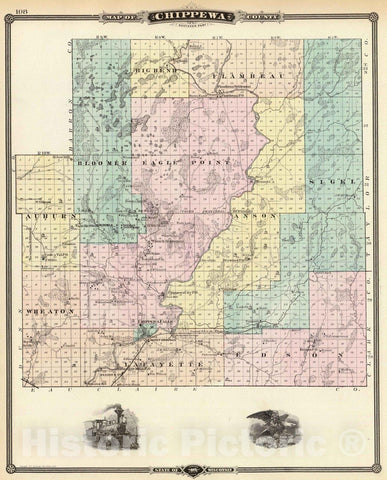 Historic Map : 1878 Map of Chippewa County (southern part), State of Wisconsin. - Vintage Wall Art
