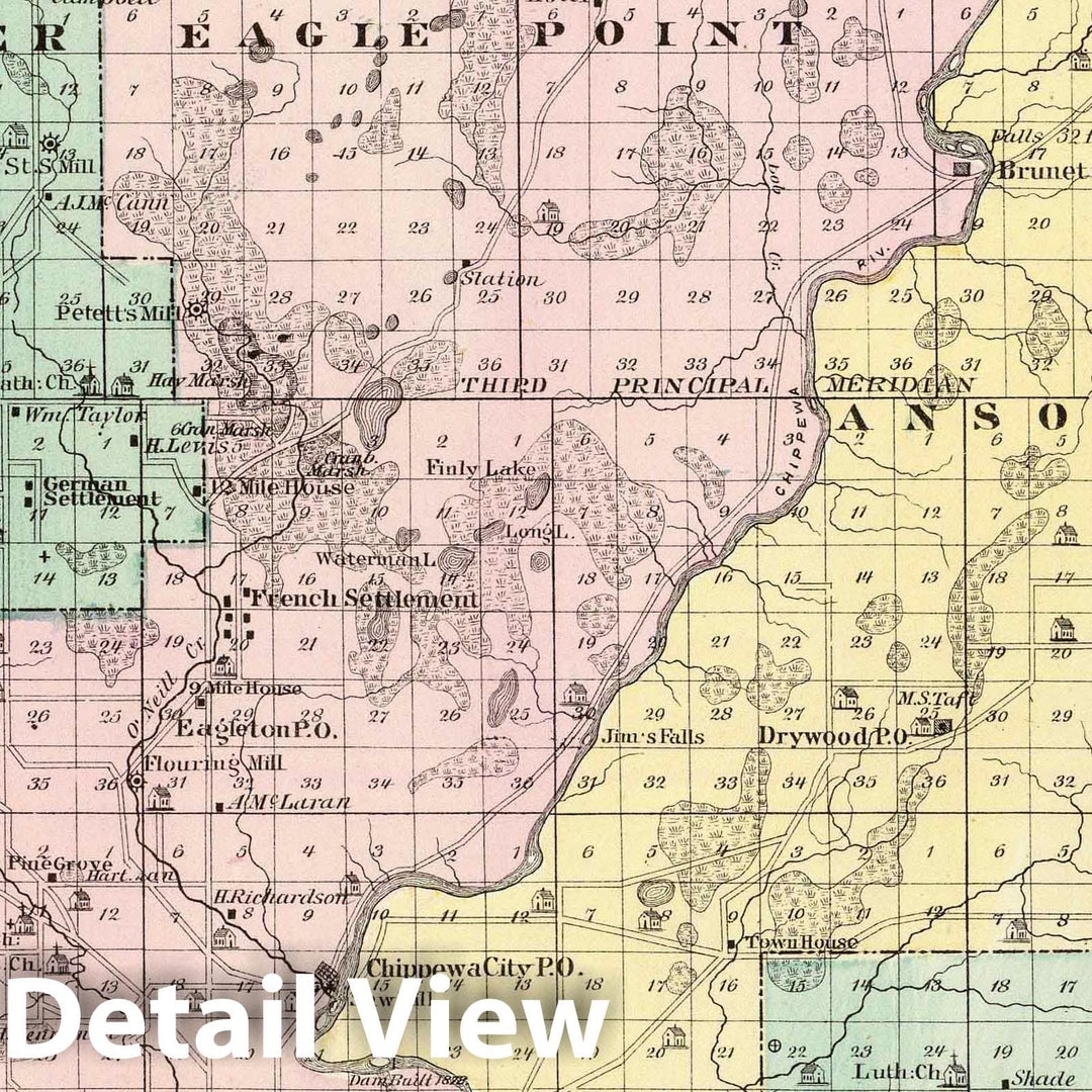 Historic Map : 1878 Map of Chippewa County (southern part), State of Wisconsin. - Vintage Wall Art