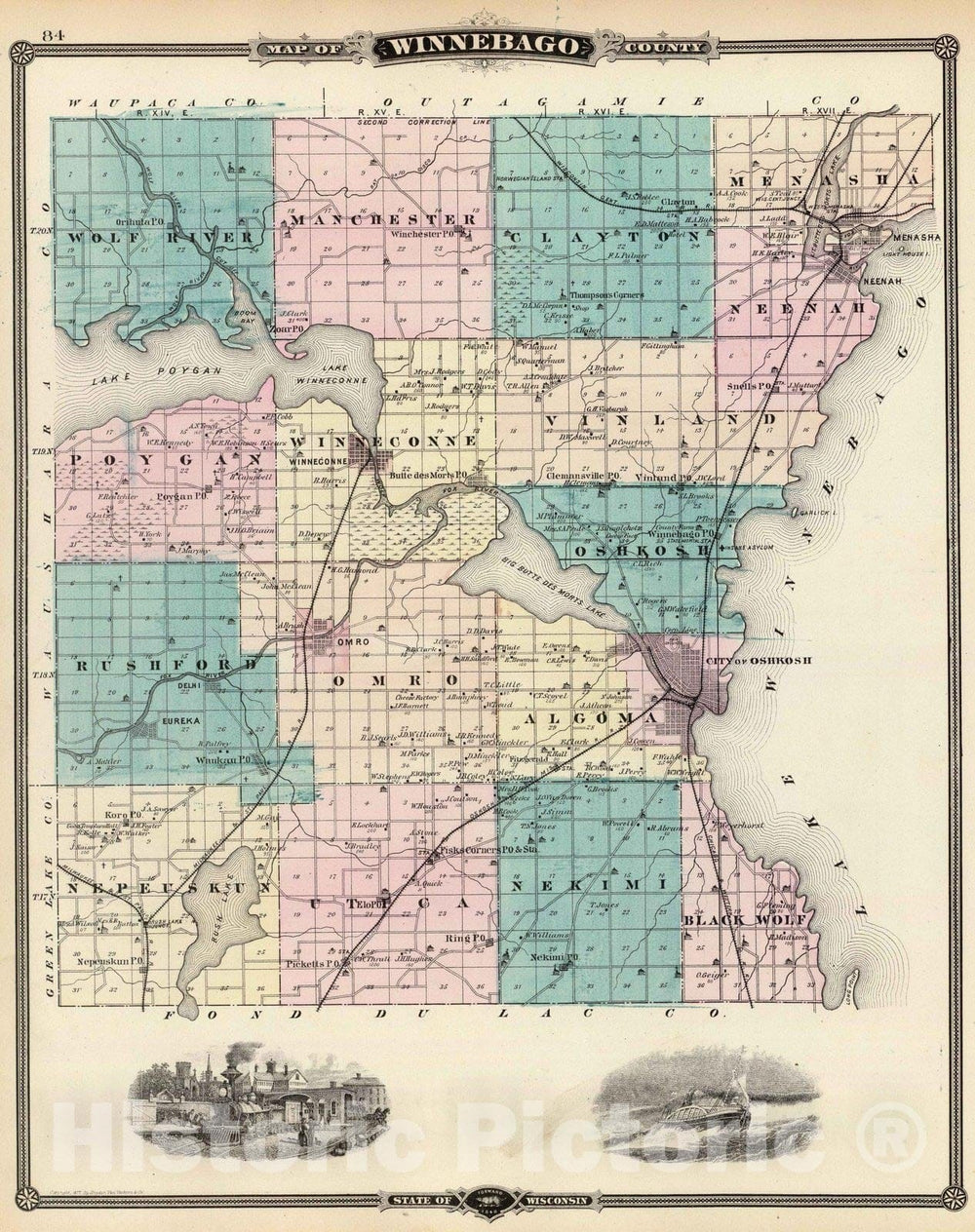 Historic Map - 1878 Map of Winnebago County, State of Wisconsin. - Vintage Wall Art