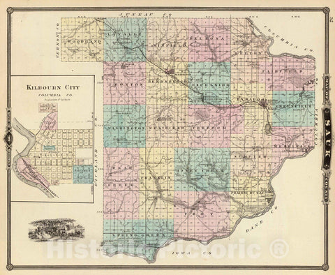 Historic Map : 1878 Map of Sauk County and Kilbourn City, State of Wisconsin. - Vintage Wall Art