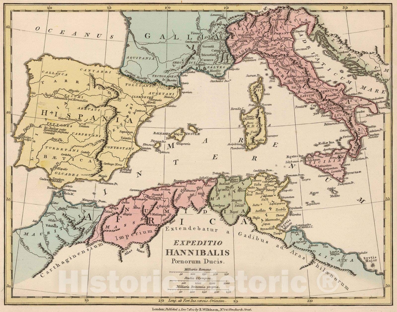 Historic Map : France; Spain; Italy; Tunisia, Mediterranean 1822 Expeditio Hannibalis Poenorum Ducis, , Vintage Wall Art