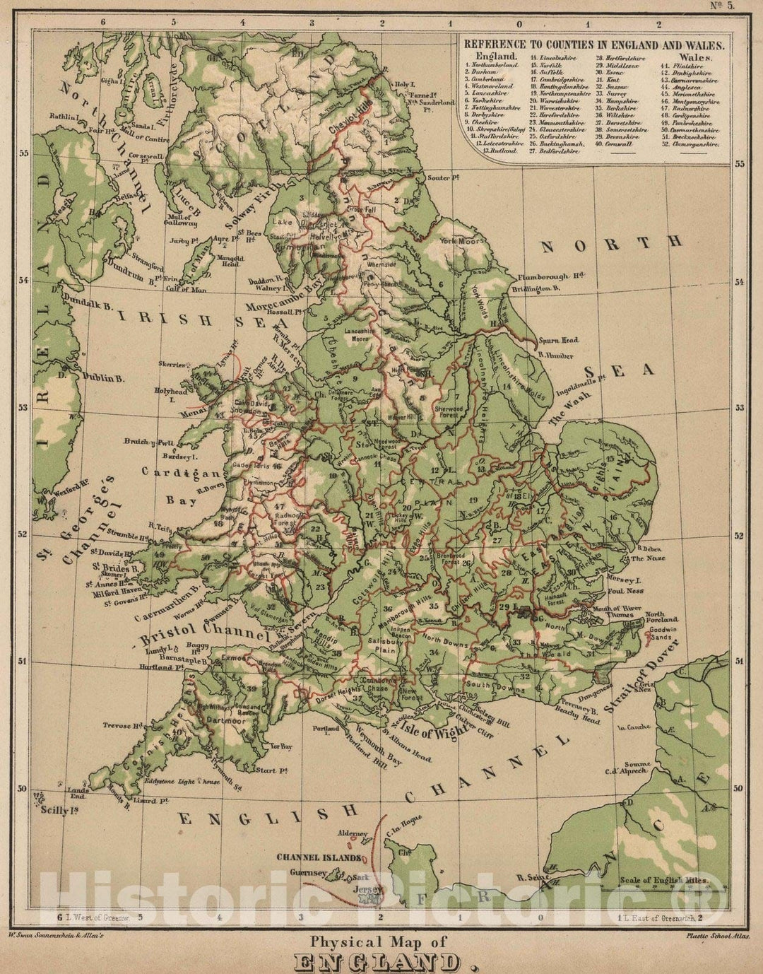 Historic Map : 1880 Physical Map of England. v2 - Vintage Wall Art