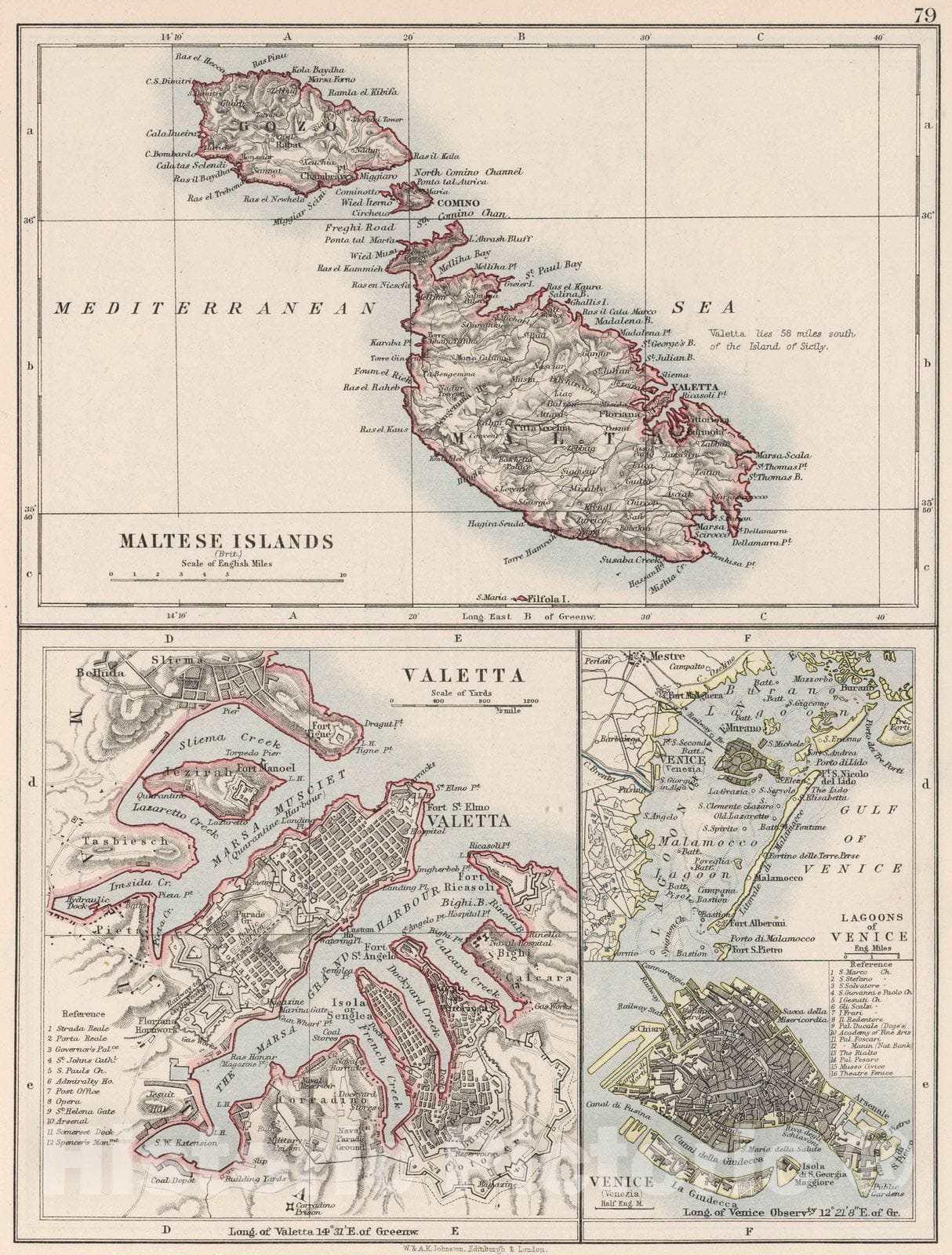 Historic Map : 1906 Maltese Islands. Valetta. Lagoons of Venice. - Vintage Wall Art